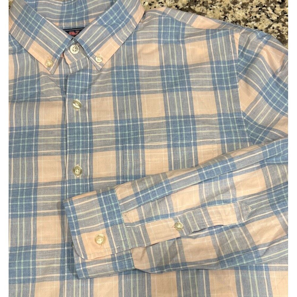 Vineyard Vines Slim Fit Murray Shirt Mens Long Sleeve Button Pink Blue Plaid M